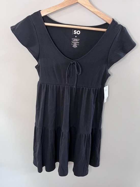 SO Dresses & Skirts - SO Black Ribbed Knit Tiered Babydoll Mini‎ Dress Tie Front Flutter Sleeve Size M